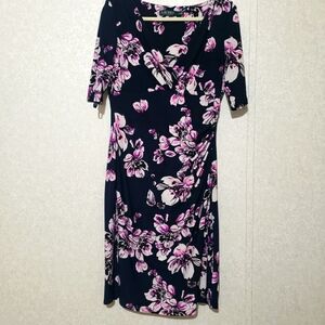 Ralph Lauren Navy Blue and Pink Sheath Midi Dress V-Neck 3/4 Sleeve..size:10